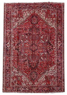 Exquisite 9.6 x 13.5 Red Hand-knotted Persian Heriz Area Rug: Exquisite 9.6 x 13.5 Red Hand-knotted Persian Heriz Area Rug Elevate your living space with this exquisite 9.6 x 13.5 hand-knotted Persian Heriz area rug. Handcrafted by skilled artisans in Iran, this