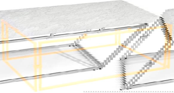 John-Richard Calabria Luxurious Gold Marble Cocktail Table: John-Richard Calabria Luxurious Gold Marble Cocktail Table Elevate your living space with this luxurious cocktail table, featuring a stunning Carrara marble top supported by a sleek steel base. This t
