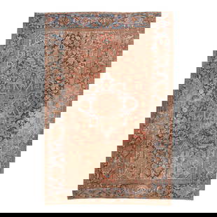 Antique Persian Heriz Handmade Wool Rug 7'7 x 11'6 Medallion Design: Antique Persian Heriz Handmade Wool Rug 7'7 x 11'6 Medallion Design Discover the elegance of this beautiful antique Persian Heriz hand-knotted wool rug, featuring a rich rust field complemented by a s