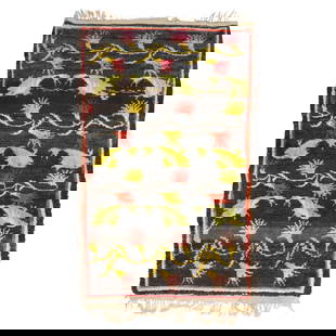 Mid-20th Century Hand-Woven Tibetan Rug with Fish Design 34 x 57: Mid-20th Century Hand-Woven Tibetan Rug with Fish Design 34 x 57 Discover the charm of this vintage Tibetan rug, featuring a captivating design of fishes gracefully surrounding a floral motif on a ric
