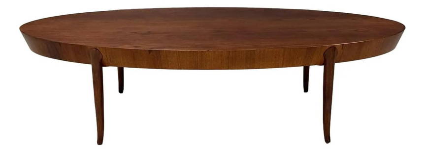T.H. Robsjohn Gibbings Walnut Oval Coffee Table 1955 Refinished: T.H. Robsjohn Gibbings Walnut Oval Coffee Table 1955 Refinished This exquisite mid-century modern walnut oval coffee table, designed by T.H. Robsjohn Gibbings for Widdicomb, showcases flared tip legs