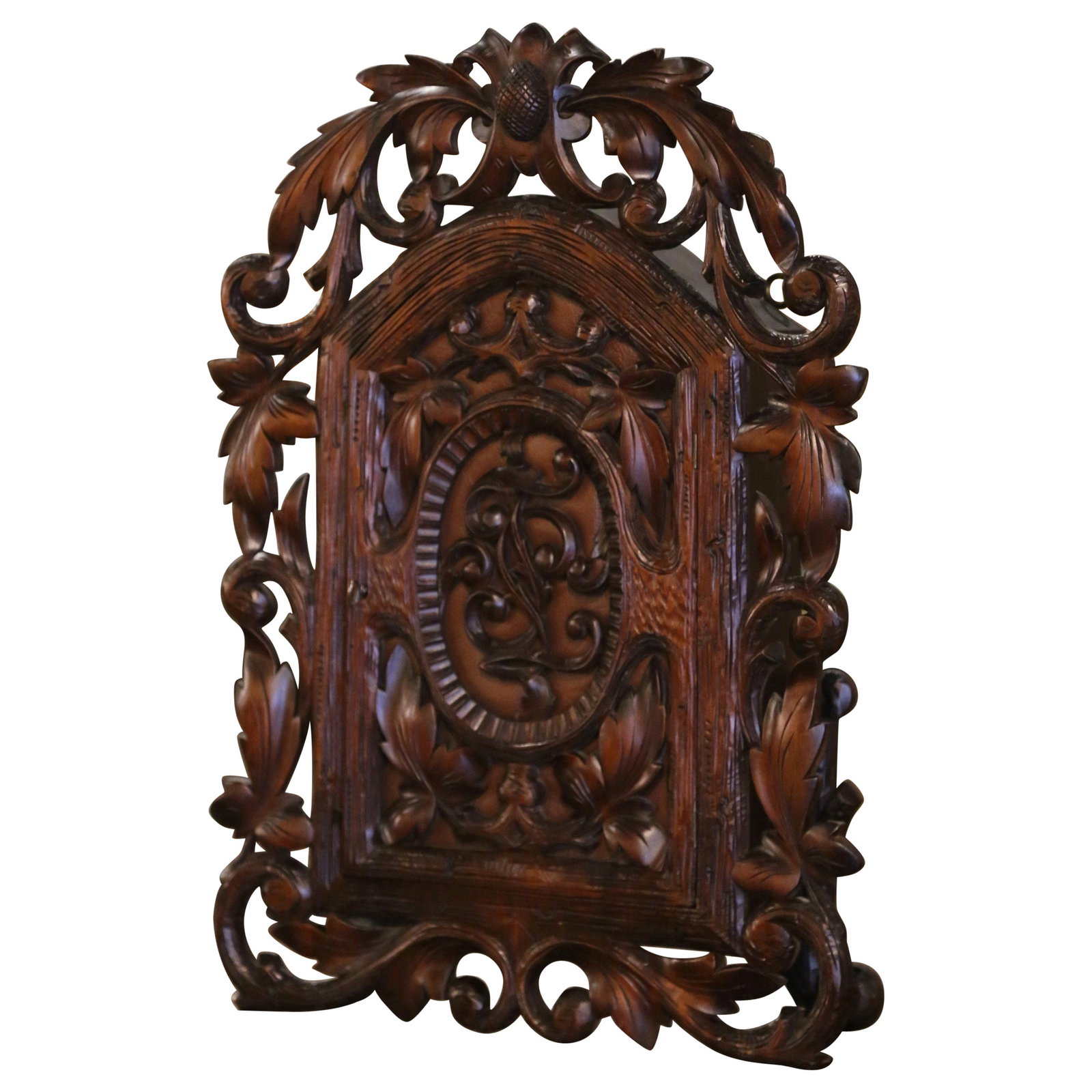 19th Century Black Forest Hand-Carved Walnut Leather Wall Cabinet: 19th Century Black Forest Hand-Carved Walnut Leather Wall Cabinet This exquisite 19th Century Black Forest Carved Walnut and Leather Wall Vitrine Cabinet is a stunning piece, expertly crafted in Franc