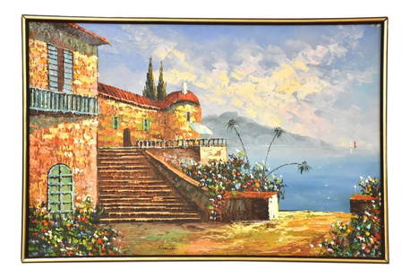 Signed Rossini Waterfront Oil Painting 37 x 25 Gold Frame: Signed Rossini Waterfront Oil Painting 37 x 25 Gold Frame This exquisite oil on canvas painting captures a vibrant waterfront estate scene and is signed by the artist Rossini. The artwork is elegantly