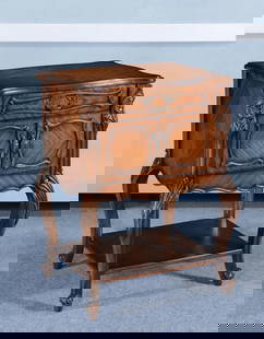 Hand-Carved Traditional Mahogany Louis XV Side Table: Hand-Carved Traditional Mahogany Louis XV Side Table This exquisite hand-carved mahogany side table embodies the elegance of the Louis XV style. Crafted from naturally bookmatched wood grain, it featu