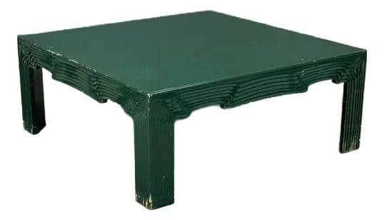 1970s Green Lacquer Square Coffee Table USA Crafted: 1970s Green Lacquer Square Coffee Table USA Crafted This stunning square coffee table showcases a vibrant green distressed lacquer finish and intricate detailed borders. Crafted from solid wood, it ex