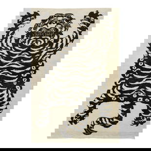 Turkish Art Deco 7 x 11 Handmade Wool Tiger Rug Beige Black: Turkish Art Deco 7 x 11 Handmade Wool Tiger Rug Beige Black Enhance your space with this stunning Turkish Art Deco handmade wool rug featuring a striking beige backdrop adorned with bold black accents