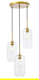 Elegant Modern Collier 3-Light Brass Pendant Chandelier with Clear Glass Shades: Elegant Modern Collier 3-Light Brass Pendant Chandelier with Clear Glass Shades Illuminate your space with this elegant 3-light pendant chandelier featuring clear glass shades and a stylish brass fini