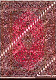 Handcrafted Persian Kashan Rug 6'7 x 9'6 Red Blue Classic Design: Handcrafted Persian Kashan Rug 6'7 x 9'6 Red Blue Classic Design Enhance your living space with this exquisite handcrafted Persian Kashan rug, featuring traditional designs that add a touch of eleganc