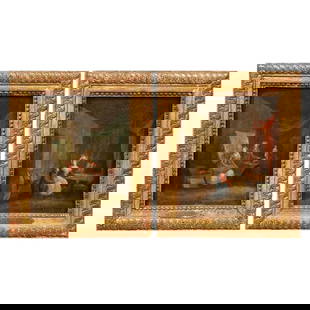 Set of 2 18th Century Gilt Frame Paintings by N. Lavreince: Set of 2 18th Century Gilt Frame Paintings by N. Lavreince This exquisite pair of 18th-century paintings on board features intricate giltwood frames, showcasing the artistry of N. Lavreince. Crafted i