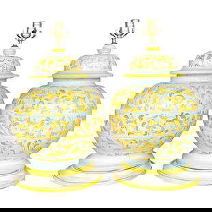 Vintage Italian Pair of Hand Painted Ceramic Lamps: Vintage Italian Pair of Hand Painted Ceramic Lamps A stunning pair of vintage Italian hand-painted ceramic lamps, featuring intricate designs and vibrant colors. Perfect for adding a touch of Mediterr