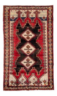 Vintage Persian Handmade Wool Rug 4'11 x 8'2 Ruby Red Geometric Design: Vintage Persian Handmade Wool Rug 4'11 x 8'2 Ruby Red Geometric Design This stunning Vintage Persian Handmade Wool Rug showcases a rich ruby red field adorned with vibrant multi-color accents in a cap