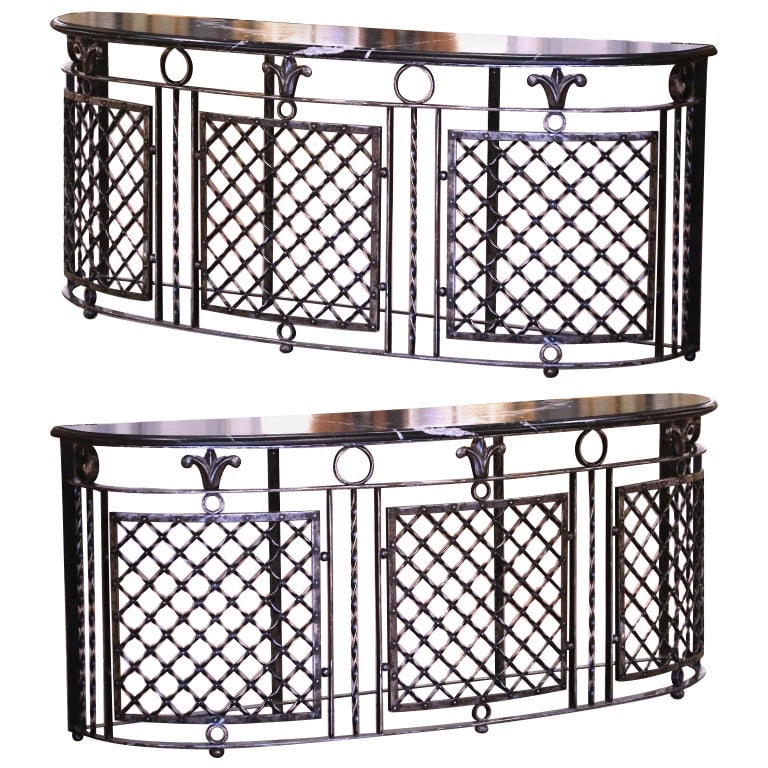 19th Century French Art Nouveau Marble Top Iron Console Tables Set of 2: 19th Century French Art Nouveau Marble Top Iron Console Tables Set of 2 This exquisite pair of 19th century French console tables is a stunning addition to any entry or hallway. Crafted circa 1880, th