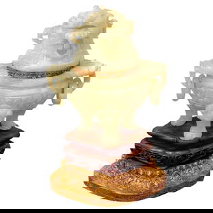 Antique Chinese Carved Green Quartz Lamp with Gilt Bronze Base: Antique Chinese Carved Green Quartz Lamp with Gilt Bronze Base This exquisite Chinese Carved Green Quartz Censor has been transformed into a stunning lamp, showcasing remarkable artistry and craftsman