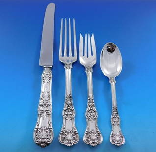 Tiffany & Co English King Sterling Silver Flatware Set 32 pcs with Storage Chest: Tiffany & Co English King Sterling Silver Flatware Set 32 pcs with Storage Chest Elevate your dining experience with this exquisite 32-piece Sterling Silver Flatware Set in the esteemed English King p