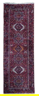 Hand-Knotted 4'10 x 13' Maroon Persian Karaja Runner Rug: Hand-Knotted 4'10 x 13' Maroon Persian Karaja Runner Rug Discover the exquisite craftsmanship of this 4' 10" x 13' Maroon Semi-Antique Persian Karaja Runner. Handcrafted by talented Persian artisans,