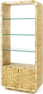 Retro Chic Emil Etagere with Tempered Glass Shelf: Retro Chic Emil Etagere with Tempered Glass Shelf This Retro Chic Emil Etagere is a stunning addition to any mid-century modern decor. Featuring a rich burl wood finish, this tall display cabinet stan
