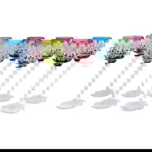 Set of 8 St. Louis Cut Crystal Florence Goblets Belgium 1970s: Set of 8 St. Louis Cut Crystal Florence Goblets Belgium 1970s This exquisite set of eight St. Louis-style cut crystal goblets showcases the brilliance of the Florence pattern in vibrant gemstone color
