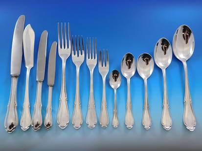 German Sterling Silver Flatware Set for 12 with 170 Pieces and Storage Chest: German Sterling Silver Flatware Set for 12 with 170 Pieces and Storage Chest Experience the elegance of this monumental German silver flatware service set for 12, comprising 170 exquisite pieces. This