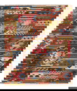 Hand-Woven Modern Kilim Rug 8'5" x 9'10" Wool Tan Geometric Design: Hand-Woven Modern Kilim Rug 8'5" x 9'10" Wool Tan Geometric Design Enhance your living space with this stunning hand-woven modern Kilim rug, featuring a warm tan field adorned with vibrant multi-color