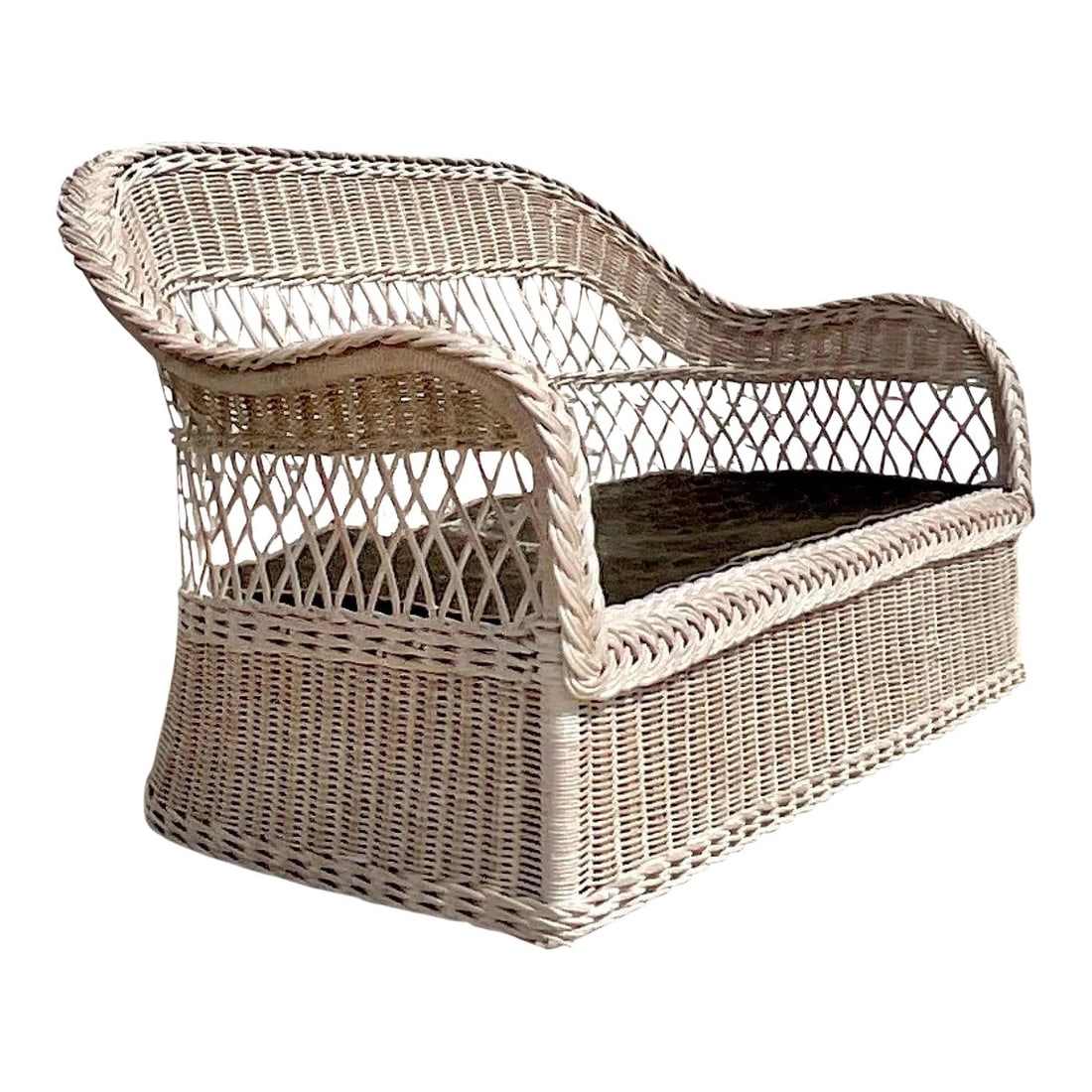 Henry Link Vintage Coastal Braided Rattan Love Seat Greige: Henry Link Vintage Coastal Braided Rattan Love Seat Greige Discover this stunning vintage Coastal love seat crafted by the renowned Henry Link, featuring a chic braided rattan trim and a beautiful was