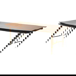 Mid-Century Modern Walnut Dining Table with Brass Accents 84.5": Mid-Century Modern Walnut Dining Table with Brass Accents 84.5" This mid-century modern dining table features a striking walnut construction complemented by exquisite hand-polished brass accents. Full