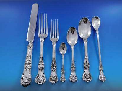 Tiffany & Co English King Sterling Silver Flatware Set 84 pcs with Storage Chest: Tiffany & Co English King Sterling Silver Flatware Set 84 pcs with Storage Chest Enhance your dining experience with this exquisite English King Sterling Silver Flatware Set by Tiffany & Co., consisti