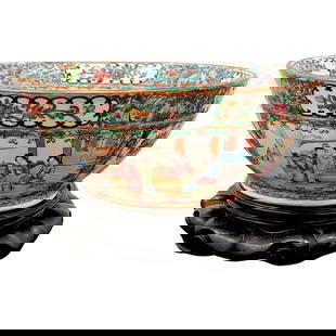 19th Century Chinese Export Rose Medallion Bowl with Hardwood Stand: 19th Century Chinese Export Rose Medallion Bowl with Hardwood Stand This exquisite 19th Century Chinese Export Rose Medallion Bowl is a stunning example of traditional craftsmanship, featuring intrica