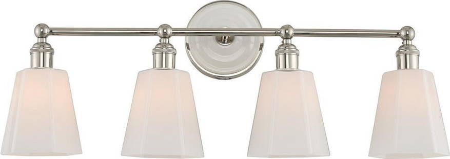 Luxurious Polished Nickel Bath Light Fixture: Luxurious Polished Nickel Bath Light Fixture Elevate your bathroom with this Luxurious Nickel Bath Light Fixture from the Greenwich collection. This exquisite 4-light fixture features a polished nicke