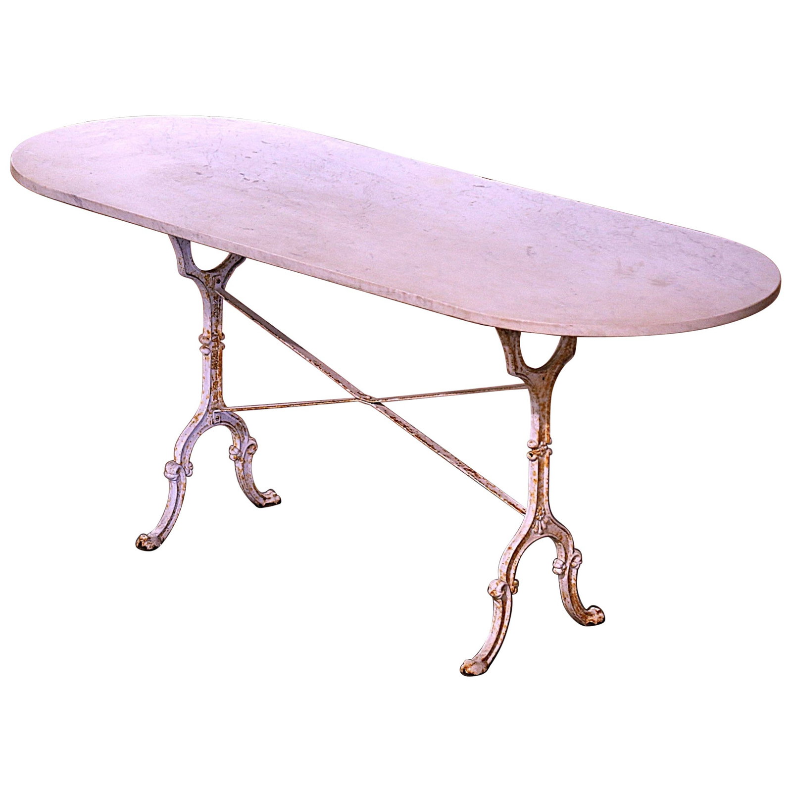 Antique Early 20th Century French Marble Top Bistrot Table: Antique Early 20th Century French Marble Top Bistrot Table Enhance your outdoor space with this exquisite early 20th-century French oval bistrot table. Crafted in circa 1930, this elegant piece featur