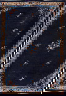 Oversized Antique Chinese Art Deco Wool Rug in Navy Blue 11'6 x 16'6: Oversized Antique Chinese Art Deco Wool Rug in Navy Blue 11'6 x 16'6 This exquisite oversize Antique Chinese Art Deco rug showcases a stunning navy-blue field adorned with a delicate floral design in