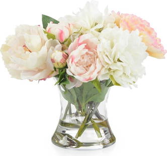 John-Richard Blush Peony Arrangement in Glass Vase 12H 14W 14D: John-Richard Blush Peony Arrangement in Glass Vase 12H 14W 14D Enhance your space with this charming peony arrangement, beautifully displayed in a glass vase. Designed as an in-house creation by John-