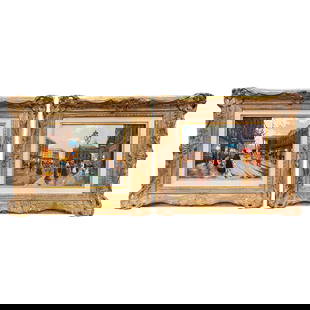 Vintage Pair of Parisian Scene Oil Paintings by Robert Lebron: Vintage Pair of Parisian Scene Oil Paintings by Robert Lebron This exquisite pair of vintage oil paintings on canvas captures the charm of Parisian scenes, elegantly framed in hand-carved giltwood fra