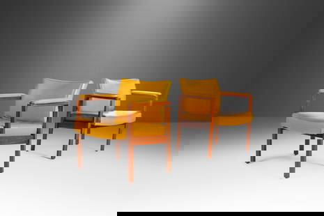 Mid-Century Modern Walnut Lounge Chairs Set of 2 Mustard Vinyl 1960s Jens Risom Style: Mid-Century Modern Walnut Lounge Chairs Set of 2 Mustard Vinyl 1960s Jens Risom Style This stunning set of two lounge chairs showcases a striking blend of Mid-Century Modern design and exceptional cra