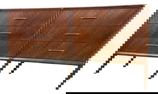 1960s United Mid Century Walnut Dresser with Brass Pulls: 1960s United Mid Century Walnut Dresser with Brass Pulls A mid century modern walnut six dovetail drawer dresser with brass capped walnut pulls made by United Furniture. Professionally refinished. Cir