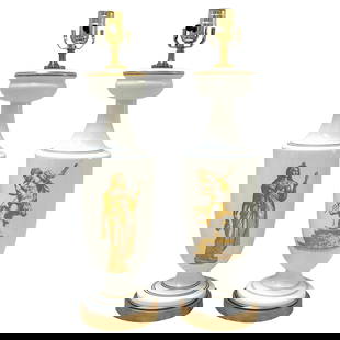 19th Century French Neoclassical Gilt Opaline Glass Lamps Set of 2 Venus Neptune: 19th Century French Neoclassical Gilt Opaline Glass Lamps Set of 2 Venus Neptune This stunning pair of 19th century French Neoclassical gilt opaline glass lamps, inspired by the Grand Tour aesthetic,