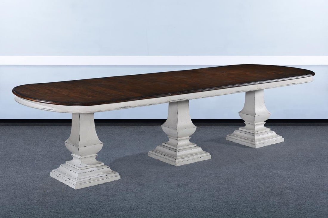 Italian Tuscan Triple Pedestal Pastry Table with Antiqued White Rustic Pecan Top: Italian Tuscan Triple Pedestal Pastry Table with Antiqued White Rustic Pecan Top Introducing the exquisite Italian Tuscan Pastry Table, designed to bring a touch of vintage elegance to your home. This