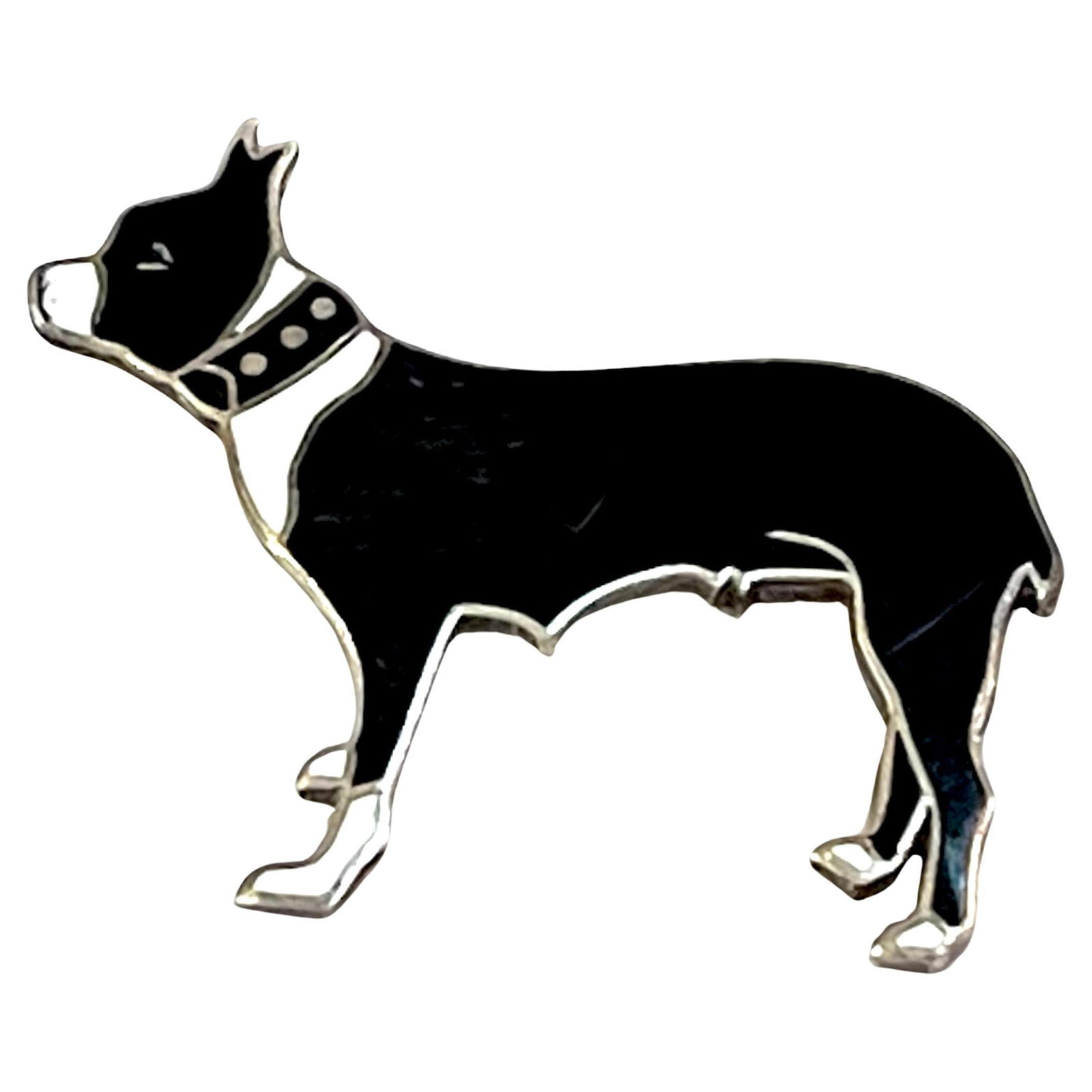 Art Deco Sterling Silver Black White Boston Terrier Pin by Thomae Co: Art Deco Sterling Silver Black White Boston Terrier Pin by Thomae Co This exquisite Art Deco Sterling Silver and Enamel pin features a charming depiction of a standing Boston Terrier Dog, crafted by T