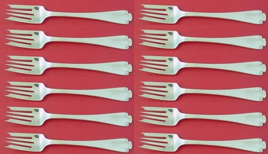 Tiffany & Co Flemish Sterling Silver Salad Forks Set of 12 pcs 6 3/4": Tiffany & Co Flemish Sterling Silver Salad Forks Set of 12 pcs 6 3/4" This exquisite set of 12 salad forks features the elegant Flemish pattern by Tiffany & Co. Each fork is crafted from high-quality