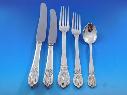 Carl Poul Petersen Blossom Sterling Silver Flatware Set 40 pcs with Storage Chest: Carl Poul Petersen Blossom Sterling Silver Flatware Set 40 pcs with Storage Chest Discover the exquisite Blossom Silver Flatware Set by Carl Poul Petersen, a remarkable collection that showcases the a