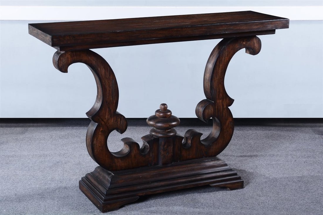 Elegant European Dark Rustic Pecan Console Table: Elegant European Dark Rustic Pecan Console Table This Elegant European Dark Pecan Console Table showcases a stunning Old World European design, perfect for adding a touch of sophistication to any room