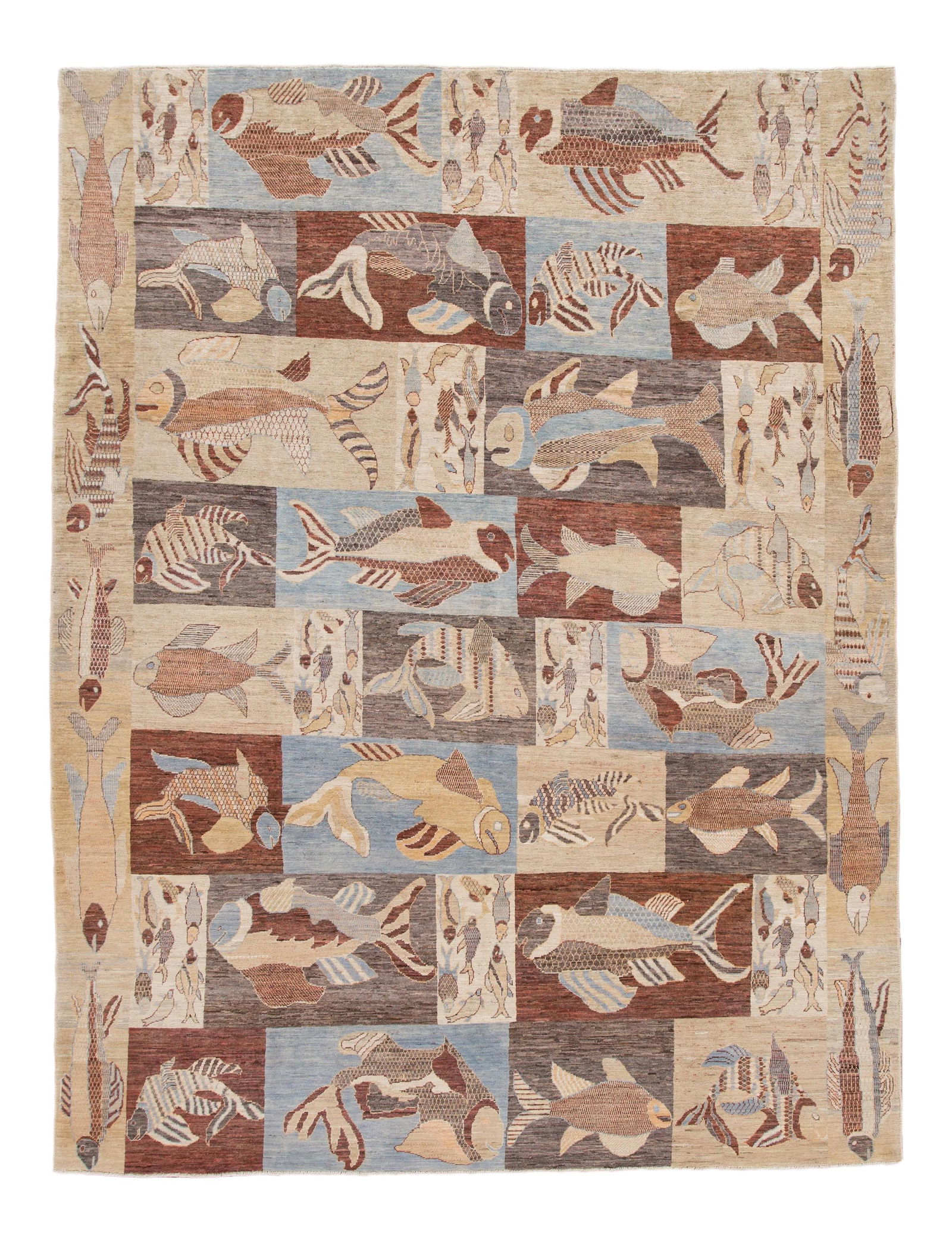 Vibrant Geometric Fish Design Hand-Knotted Wool Rug 9'2 x 12': Vibrant Geometric Fish Design Hand-Knotted Wool Rug 9'2 x 12' Enhance your living space with this stunning hand-knotted wool rug featuring a vibrant geometric fish design. The rug showcases a beautifu