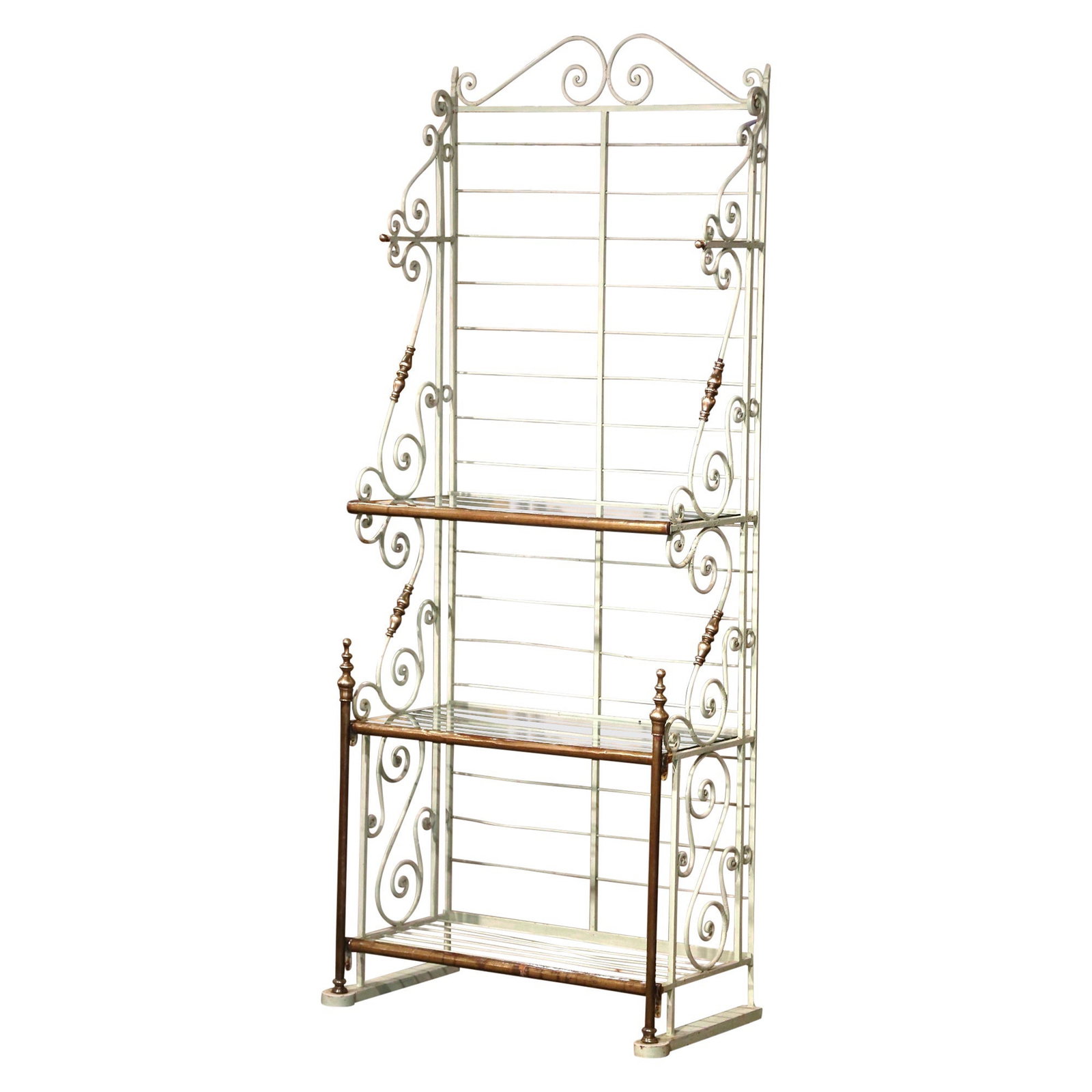 Elegant Early 20th Century French Wrought Iron Baker's Rack: Elegant Early 20th Century French Wrought Iron Baker's Rack Showcase your Majolica collection or cookbooks with this exquisite early 20th century French baker's rack. Crafted in France circa 1920, thi