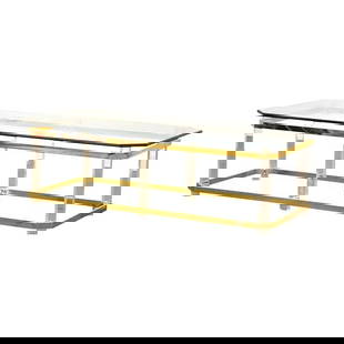 Modern Brass Lucite Glass Coffee Table 54 x 26 x 16.25: Modern Brass Lucite Glass Coffee Table 54 x 26 x 16.25 This modern coffee table features a stunning design combining brass and lucite with a sleek glass top. It measures 54" in width, 26" in depth, an