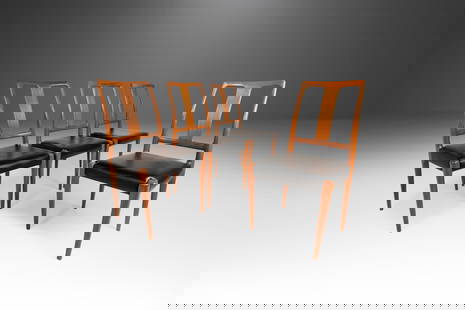 Set of 4 D-SCAN Teak Dining Chairs 1970s Black Vinyl Upholstery: Set of 4 D-SCAN Teak Dining Chairs 1970s Black Vinyl Upholstery This set of four dining chairs, crafted from solid teak and newly upholstered in black vinyl, embodies the essence of Scandinavian Minim