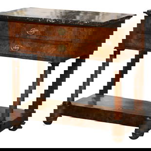 Antique Empire Style Console Table with Marble Top and Carved Mahogany: Antique Empire Style Console Table with Marble Top and Carved Mahogany This exquisite Early 19th Century French Empire console table, crafted circa 1810, showcases the elegance of Empire style. Constr
