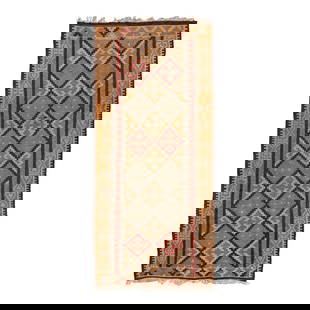 Vintage Orange Geometric Wool Kilim Runner 3'8'' x 8'3'': Vintage Orange Geometric Wool Kilim Runner 3'8'' x 8'3'' Beautiful kilim handmade wool runner with a orange field. This Vintage flatweave rug features a gorgeous all-over geometric design. Condition:
