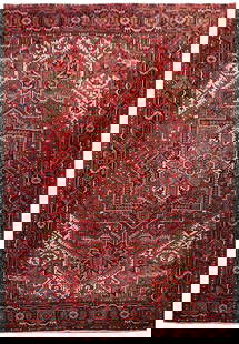 Handcrafted Persian Heriz Rug 9.7 x 12.3 Red Area Rug: Handcrafted Persian Heriz Rug 9.7 x 12.3 Red Area Rug Discover the timeless elegance of this handcrafted Persian Tribal Heriz rug, measuring 9' 7" x 12' 3". Meticulously crafted by skilled Iranian art