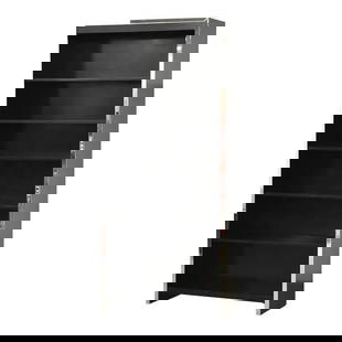 1970s Mid Century Modern Black Chrome Bookcase by John Stuart: 1970s Mid Century Modern Black Chrome Bookcase by John Stuart A mid century modern black bookcase with chrome details. Milo Baughman often attributed. Marked on matching pieces but this one is unmarke