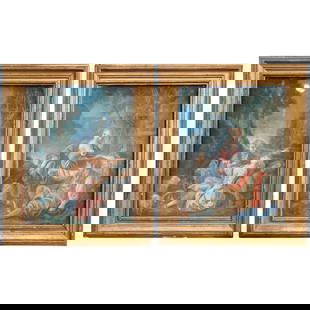 Pair of Late 18th Century Louis XVI Watercolors in Giltwood Frames: Pair of Late 18th Century Louis XVI Watercolors in Giltwood Frames This exquisite pair of late 18th century Louis XVI watercolors, crafted in France circa 1780, showcases romantic courting scenes feat