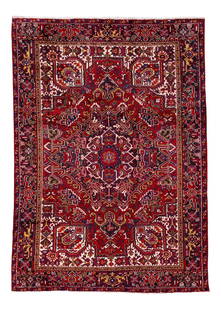 Vintage Persian Heriz Hand-Knotted Wool Rug 7'6 x 10'8 Red: Vintage Persian Heriz Hand-Knotted Wool Rug 7'6 x 10'8 Red Beautiful vintage Persian Heriz hand-knotted wool rug. This rug features a red field with multicolored accents including an all-over traditio